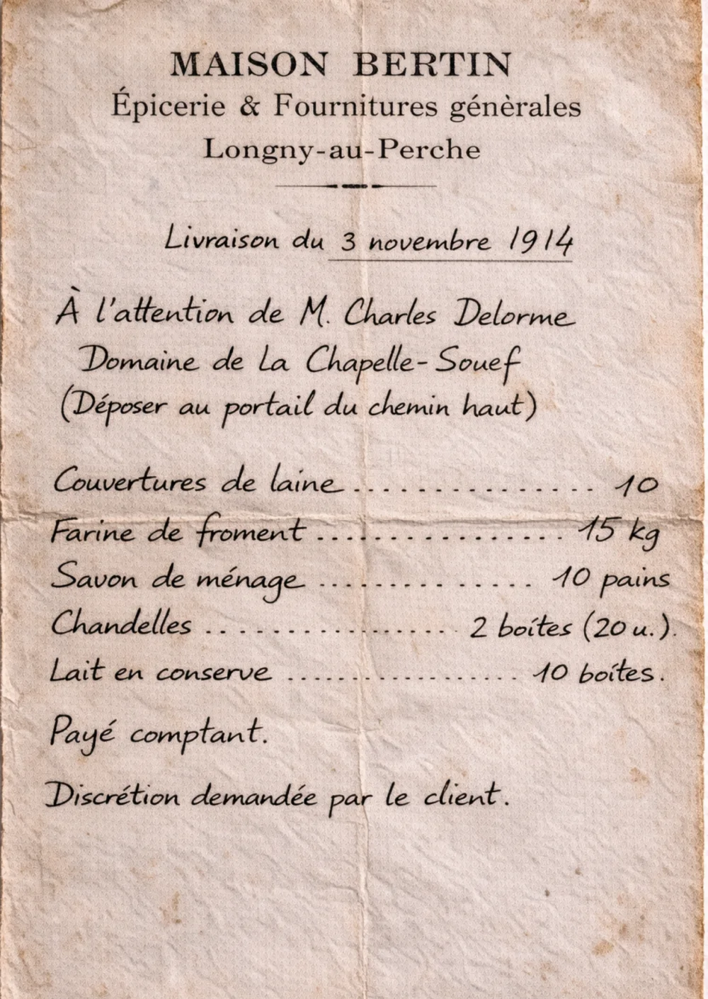 Reçu de l'épicerie Maison Bertin, 1914