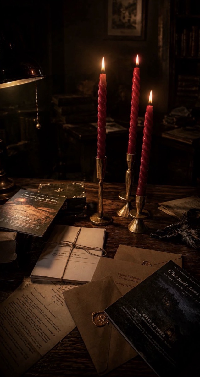 Les convocations des personnages et le guide du coffret, posés sur un bureau à la lumière de trois bougies.