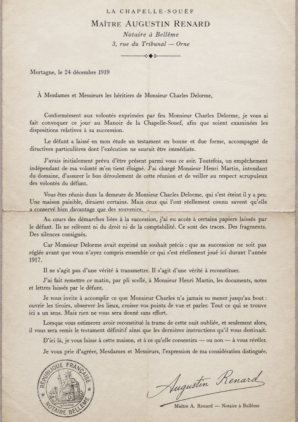 Lettre du notaire Augustin Renard convoquant les héritiers de Charles Delorme, datée du 24 décembre 1919.