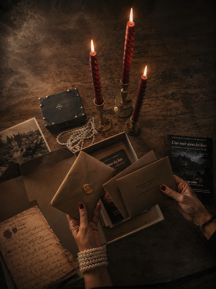 Une table de veillée éclairée à la bougie : le coffret ouvert, des enveloppes et des documents manipulés à deux mains.