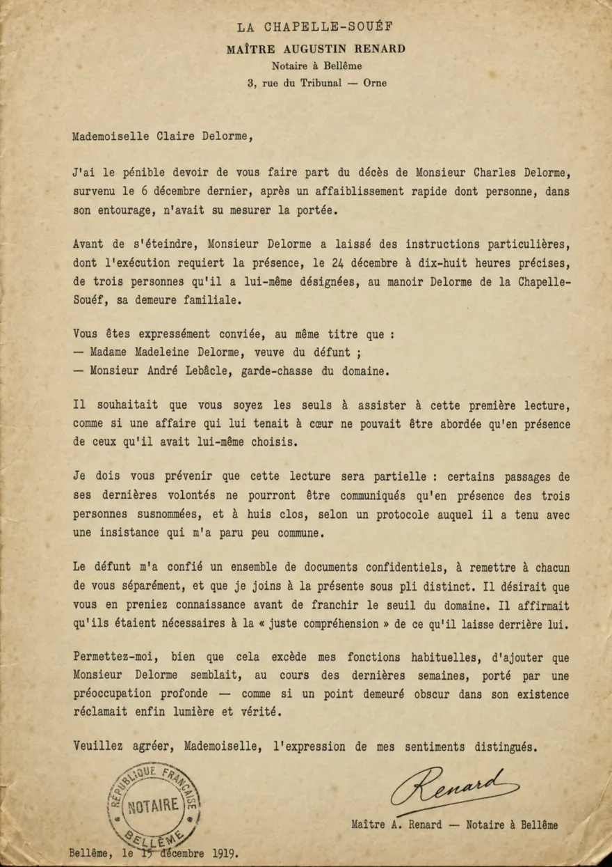 La convocation de Claire — Étude de Mᵉ Renard, décembre 1919